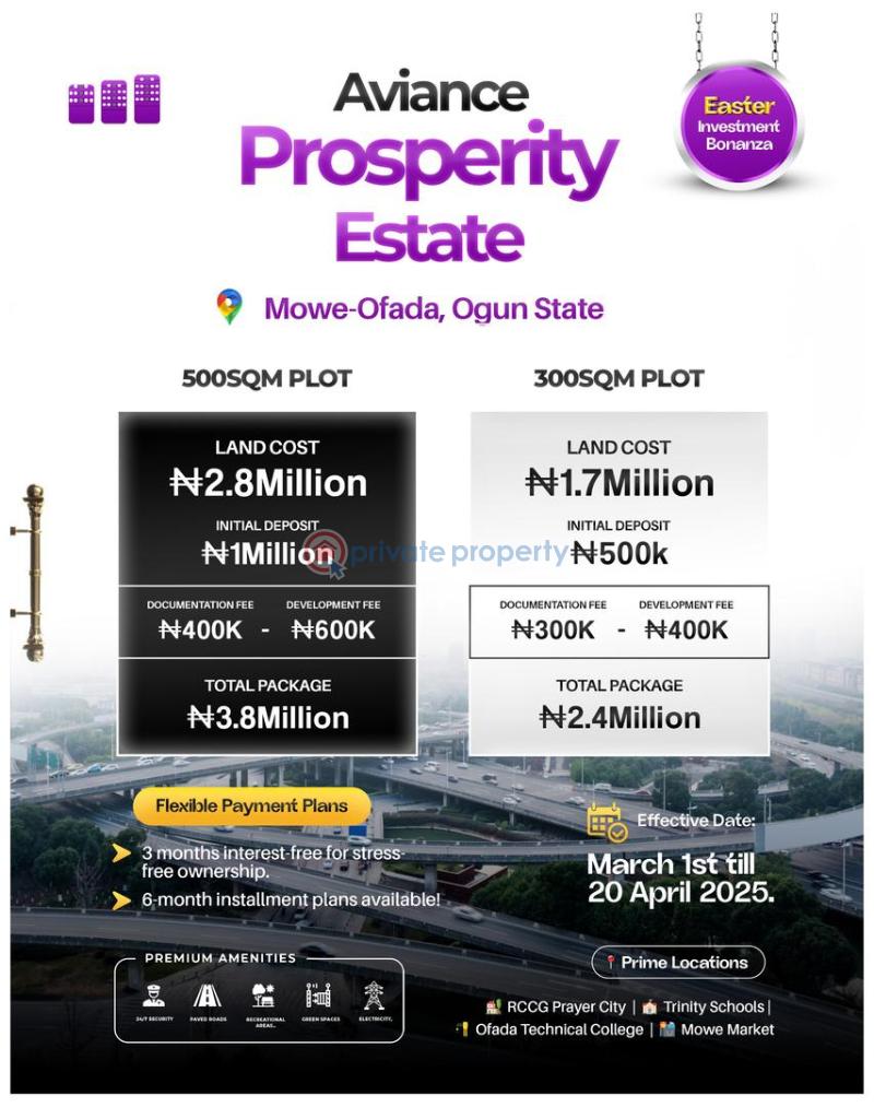 Residential Land For Sale Aviance Prosperity Estate Mowe Ofada Close To Rccg Prayer City Mowe Ogun area  - 1