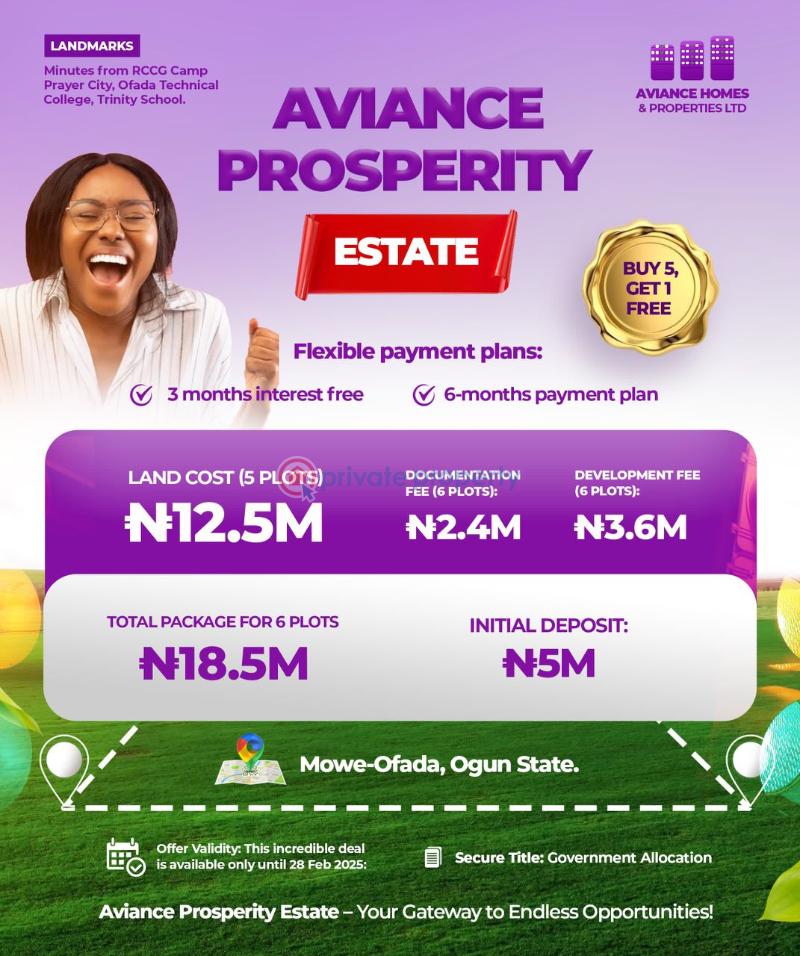 Residential Land For Sale Aviance Prosperity Estate Mowe Ofada Close To Rccg Prayer City Mowe Ogun area  - 0