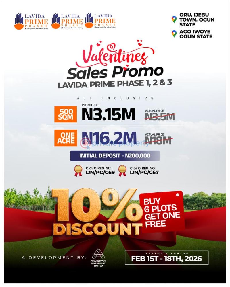 Residential Land For Sale Lavida Prime Estate Phase 3: 📍: Oru Ijebu Town, Ogun State *land Title:*: Registered Survey With C Of O In View Ijebu Ogun