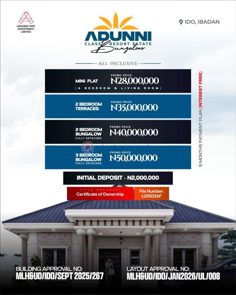 3 bedroom Detached Bungalow For Sale Adunni Classic Resort Bungalows* Ido Ibadan Oyo