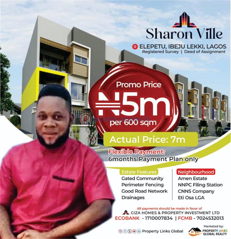 Mixed use Land For Sale Sharon Ville Estate Located At Elepete Directly Facing Express Ibeju-Lekki Lagos