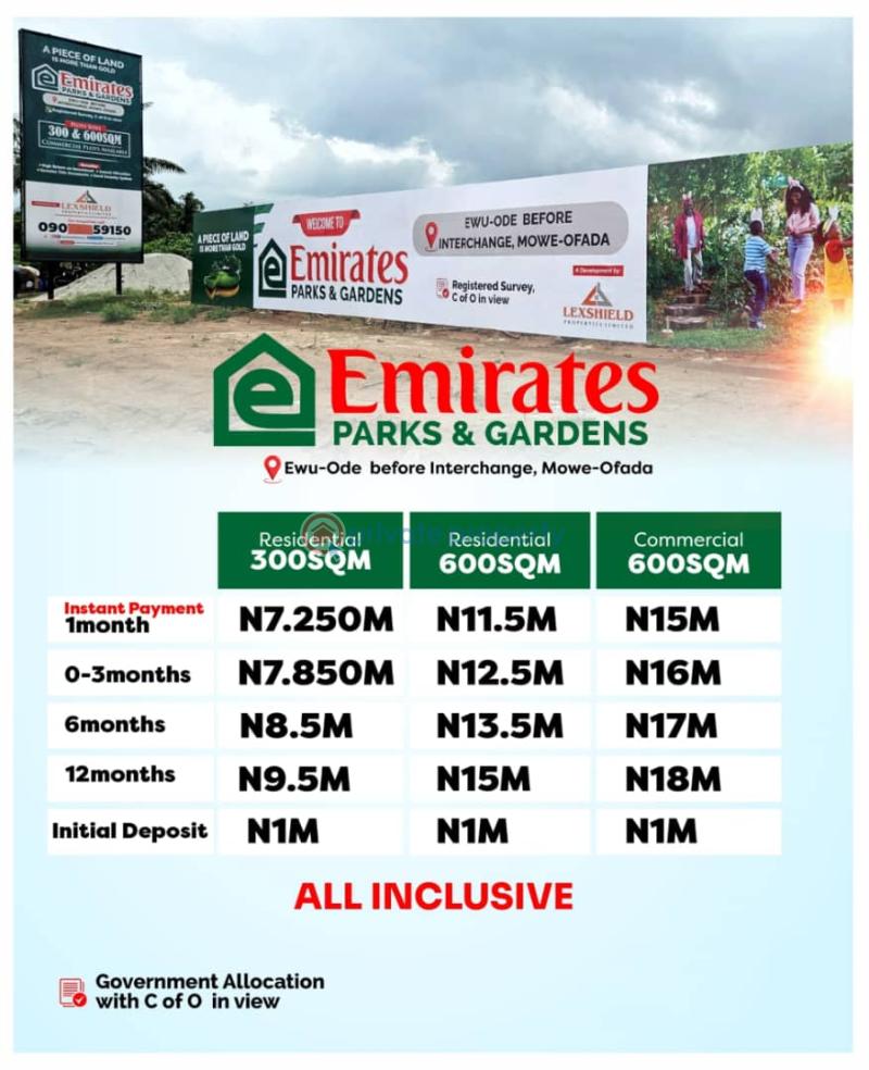 Residential Land For Sale Emirate Parks & Garden Located At Ewu Ode Before Interchange Mowe Ofada Mowe Ogun area 