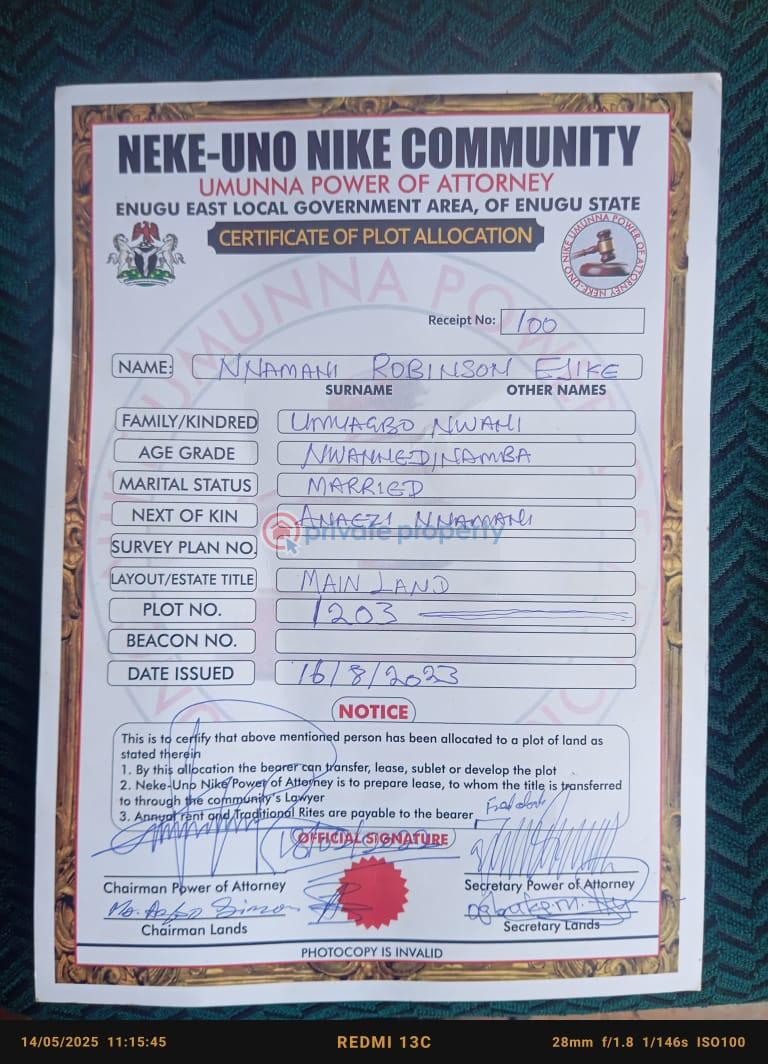 Land For Sale Ugwoko Nike Enugu Area  - 1