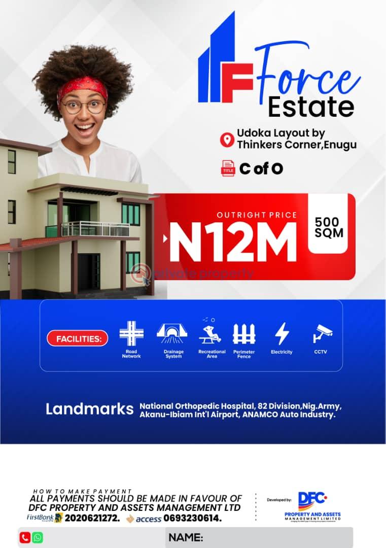Land For Sale Force Estate Located At Udoka Layout By Thinkers Corner Enugu Area 