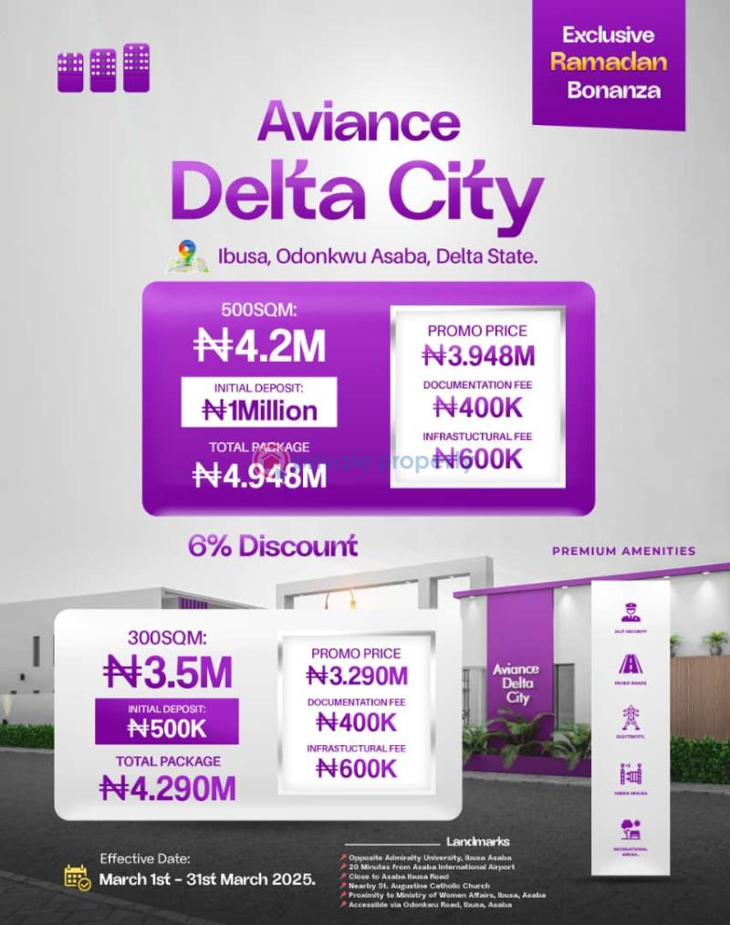 Residential Land For Sale Aviance Delta City Located At Ibusa Odonkwu 6% Discount Asaba Delta